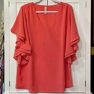 Zenana Coral V-Neck Chiffon Blouse with Layered Ruffle Butterfly Sleeves